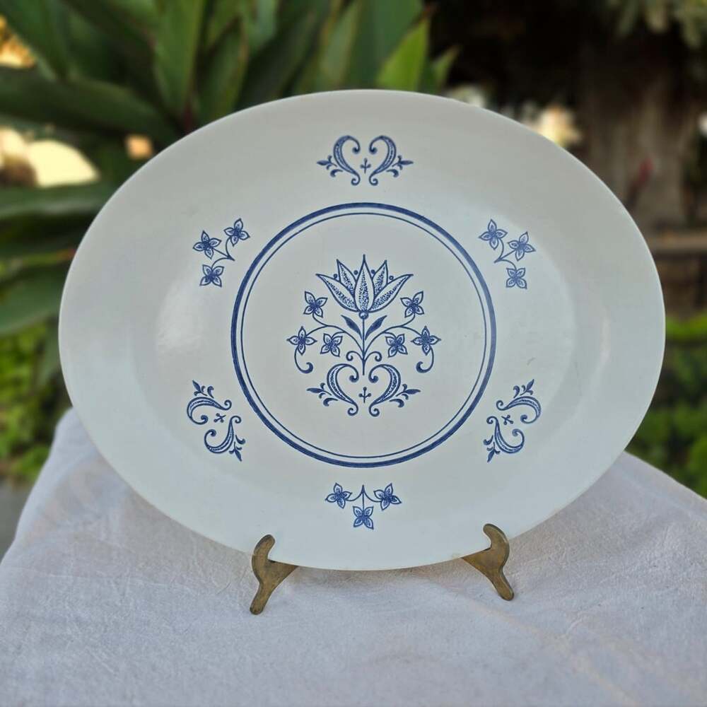 Homer Laughlin Dinnerware Blue White Sheffield Provincial 13.5โ Oval Platter USA